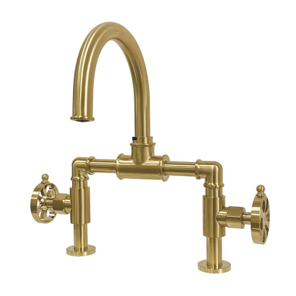 Indstrl Style Wheel Handle Bridge Bathroom Faucet W/Pop-Up Drain, Brass